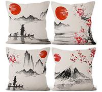 Aoihrraan 61x61cm Confezione da 4 Giapponese CopriCuscini Divano Rosso Sole Bianco E Nero Paesaggio Monte Fuji Quadrata Federe Per Cuscini Decorazione In Lino Taverna Arredo Tatami Letto Soggiorno