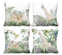 Aoihrraan Animali Da Safari Nella Giungla Copricuscini Divano 60x60cm Set Di 4, Acquerello Foresta Giraffa Leone Tropicale Foglie Peluche Corto Quadrato Federa Per Cuscino Salotto All'Aperto Giardino
