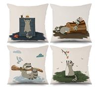 Aoihrraan Cartoon Civet Throw Pillow Covers Cute Animals Climb Tree Hamburger Tree Hole Federa per Cuscini Quadrati In Lino per Divano Auto Giardino All'aperto Letto Casa Decorativo Set di 4, 46x46cm