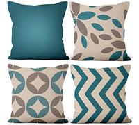 Aoihrraan Fodere per Cuscini, Set di 4 Linee Blu Ciano Moderne Federa Quadrata Lino Copricuscino da Tiro Con Cerniera Invisibile per Divano Auto da Giardino All'aperto Divano Letto Decorativo 46x46cm