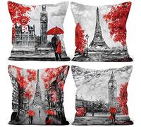 Aoihrraan Fodere per Cuscini Set di 4, Modello Big Ben Della Torre Eiffel Ombrello Rosso Romantico Dell'Albero Morbido Peluche Quadrato Federa per Divano Camera da Letto Auto Sedia Casa Decoro 40x40cm