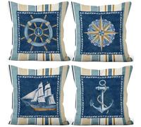 Aoihrraan Nautico Fodere per Cuscini Estate Costa Timone Bussola Barca a Vela Ancora Marina Oceano Linea Blu Peluche Corto Copricuscini per Divano Poltrona Sedia Casa Esterno Auto 40x40cm Set di 4