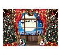 Aoihrraan Sfondo Fotografico Natalizio 3x2,5m - Davanzale Con Albero, Tenda Rossa, Babbo Natale, Renne, Luna Piena, Notte Invernale - Per Ritratti, Studio, Feste Di Capodanno