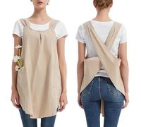 Aoipend Grembiule giapponese da donna con 2 tasche, in lino, con croce sulla schiena, grazioso vestito per cucina, cucina, giardinaggio, pittura, Beige, 39.97 x 36.62 inch