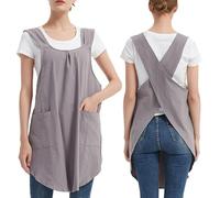 Aoipend Grembiule giapponese da donna con 2 tasche, in lino, con incrocio sulla schiena, grazioso abito per cucina, cucina, giardinaggio, pittura, grigio, taglia M