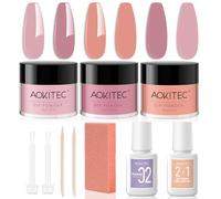 Aokitec 11 PCS Dip Powder Nail Kit Starter Set - 3 Colours Nail Powder with 2-in-1 Dip Base & Top Activator Nail Dust Brush, Simple Steps for Long-lasting Nail Art, Light Pink Tawny Orange