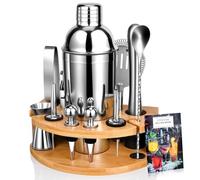 Set Cocktail, Kit Cocktail Professionale in Acciaio Inossidabile da 12 Pezzi, Shaker da 750 ml, Kit Barman con Supporto in Legno per La Casa o il Bar, Libro da Cocktail