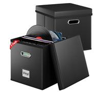 Aolawco 2 scatole portaoggetti in pelle per dischi in vinile da 30,5 cm, con coperchio e manici, scatole pieghevoli per LP fino a 100 dischi singoli, organizer per album, CD, riviste, file