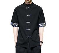 Aoleaky Camicia Kimono Casual retrò Giapponese Camicia Uomo Stampa Cinese in Cotone e Lino con Cuciture a Maniche Corte Streetwear da Uomo Estivo Black L