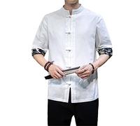 Aoleaky Camicia Kimono Casual retrò Giapponese Camicia Uomo Stampa Cinese in Cotone e Lino con Cuciture a Maniche Corte Streetwear da Uomo Estivo white1 S