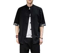 Aoleaky Camicia Kimono Casual retrò Giapponese Camicia Uomo Stampa Cinese in Cotone e Lino con Cuciture a Maniche Corte Streetwear da Uomo Estivo black1 XL