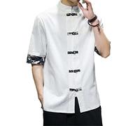 Aoleaky Camicia Kimono Casual retrò Giapponese Camicia Uomo Stampa Cinese in Cotone e Lino con Cuciture a Maniche Corte Streetwear da Uomo Estivo White XXL