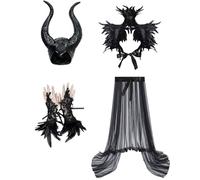 AOLIUP Malefica Costume Donna: Gotico Vestito Strega Maleficent con Corna Scialle di Piume e Polsini per Halloween Carnevale Cosplay Festa Abito
