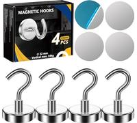 AOLLEN 4 Pezzi 32 MM Ganci Magnetici Extra Forti 34 KG Forza, Gancio Magnetico con 4 Pezzi Placche Metalliche Adesive, Magnete con Gancio Cucina, Frigorifero, Griglia, Crociera