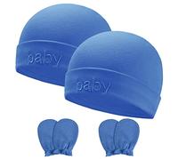 Aolso 2PZ Cappellino per Ragazzi Ragazze e 2 Paia Guanti da Neonato, Berretti e Cappellini per Bambino e Guantini Neonato AntiGraffio Cotone, Adatto a Tutte Le Stagioni, Neonati da 0 a 6 Mesi, Blu