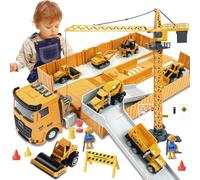 Aolso Camion da Cantiere Giocattolo per Bambini,con Escavatore Giocattolo Costruzione Torre Gru Giocattolo,Bisarca Giocattolo con Macchine con Musica Luce,Regalo di Compleanno per 3 4 5 6 7 8+ Anni