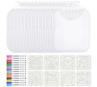 Aolso Diy Bavaglini Bambini, Body a Maniche Corte in 100% Cotone | Set di Gilet Bianco con Bodys a Maniche Corte, Bavaglie Neonato, 22 Stencil e 12 Penne, per Dipingere, Giocare e Mangiare