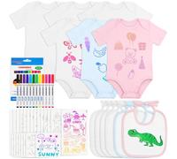 Aolso Diy Bavaglini Bambini, Body a Maniche Corte in 100% Cotone | Set di Gilet Bianco con Bodys a Maniche Corte, Bavaglie Neonato, 22 Stencil e 12 Penne, per Dipingere, Giocare e Mangiare
