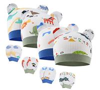 Aolso Set di 4 Cappellino per Ragazzi Ragazze e 4 Paia Guanti da Neonato, Berretti e Cappellini per Bambino e Guantini Neonato Cotone, Adatto a Tutte le Stagioni, Neonati da 0 a 6 Mesi, Stile Animale