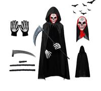 AOMAIGAD Costume da Grim Reaper,Costume da Mietitore,Mantello Cappuccio Nero con Guanti Scheletro,Maschera con teschio,Falce,Morte Costume di Halloween (Bambino-C)
