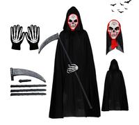 AOMAIGAD Costume da Grim Reaper,Costume da Mietitore,Mantello Cappuccio Nero con Guanti Scheletro,Maschera con teschio,Falce,Morte Costume di Halloween (Adulto-C)