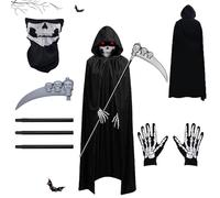 AOMAIGAD Costume da Grim Reaper,Costume da Mietitore,Mantello Cappuccio Nero con Guanti Scheletro,Maschera con teschio,Falce,Morte Costume di Halloween (Adulto-A)
