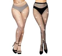 Aomig Calze a Rete Donna Brillantini Sexy, Collant con Strass e Glitter, Leggings a Vita Alta per Spettacoli Halloween - Nero+Colore Pelle