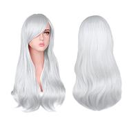 AOMIG Capelli Lunghi Mossi Ricci, 3 Pcs Parrucca Riccia Donna con Occhiali e Retine per Parrucche, Parrucche a Onde Lunghe Parrucca Sintetica per Carnevale, Cosplay, Festa, Uso Quotidiano(Bianco)