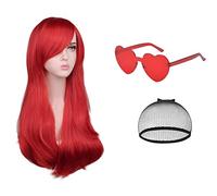 AOMIG Capelli Lunghi Mossi Ricci, 3 Pcs Parrucca Rossa Lunga Parrucche Donna rossa con Occhiali e Retine per Parrucche, Parrucche a Onde Lunghe Parrucca Sintetica per Cosplay, Festa, Uso Quotidiano