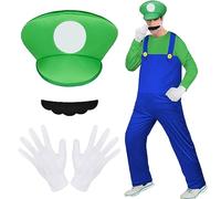 Aomig Costume Luigi, 4Pcs Costume Mario-bros con Cappello, Baffi, Guanti, Mario Brothers Cosplay Costume Unisex, Fancy Dress Outfit Super Costume per Halloween, Carnevale, Verde, L