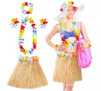 Aomig Hula Gonna Hawaiana, 5 Pezzi Gonna Hawaiana a Fiori, Color Paglia Costume Tropicale Fascia, Set di Ghirlande fiori Hawaiane da 40 CM per Bambini, Adulti, Donne Festa Estiva in Spiaggia Tropicale
