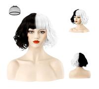 Aomig Parrucca Bianca e Nera, 2 Tonalità Corta e Riccia, Crudelia per Halloween, Cosplay, Costume da Festa, da Donna
