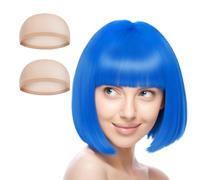 Aomig Set di 3 parrucche corte a caschetto blu chiaro con 2 retine, accessorio per travestimenti, cosplay, feste, parrucca sintetica liscia, per tutti i giorni e Halloween