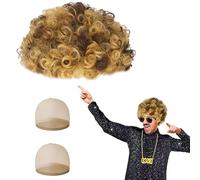 Aomig Set di Costumi Hippie, 3 Pezzi Parrucca Afro, Parrucca Riccia per Adulti, Acconciatura Corta in Capelli Sintetici, Anni '70, Anni '80, Costume Hippie da Uomo, per Festa Cosplay(Marrone Misto)