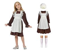 Aomig Vestito da Cameriera Bambina, 4 Pezzi Vestito Medievale Bambine Costume Vittoriano da Ragazza con Bonnet Medievale, Grembiule, Calzini per la Festa del Libro Mondiale, Carnevale, Halloween(XL#)