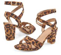 Aomigoct Sandali da donna con tacco largo, comodi, con tacco grosso, per feste, colore nero, Leopardo, 8.5