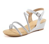 Aomigoct Sandali da donna con zeppa per festa: nero 8 strass scintillanti punta aperta sandali con zeppa bassa cinturino alla caviglia scarpe da abito alla moda, Argento, 7.5