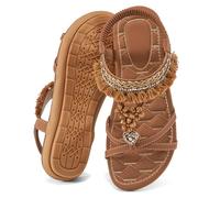 Aomigoct Sandali piatti da donna: scarpe piatte casual estive con cinturino elastico alla caviglia da donna, sandali piatti bohémien a punta aperta, eleganti da spiaggia, marrone, 41 EU