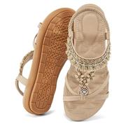 Aomigoct Sandali piatti da donna: scarpe piatte casual estive con cinturino elastico alla caviglia da donna, sandali piatti bohémien a punta aperta, eleganti da spiaggia, beige, 38.5 EU