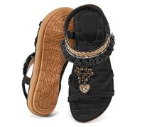 Aomigoct Sandali piatti da donna: scarpe piatte casual estive con cinturino elastico alla caviglia da donna, sandali piatti bohémien a punta aperta, eleganti da spiaggia, Nero , 39 EU