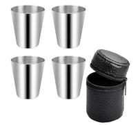 AONAYO 4 bicchieri da liquore in acciaio inox, 30 ml, impilabili, con 1 borsa in pelle, portatile, in metallo, per campeggio, escursioni, picnic