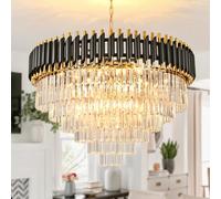 AOOCHOK Lampadario a sospensione in cristallo nero e oro, lampadario moderno rotondo in cristallo per sala da pranzo, soggiorno, camera da letto, ristorante, E14 x 12, Φ80cm