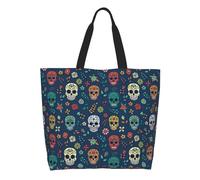 AOOEDM Borsa a tracolla grande da donna, blu scuro, con teschio messicano di zucchero, ideale per il tempo libero, con tasca interna, riutilizzabile e perfetta per lo shopping.