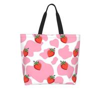 AOOEDM Borsa tote grande da donna con stampa mucca rosa e fragole, borsa a tracolla casual con tasca interna, borsa a mano riutilizzabile, borsa per la spesa