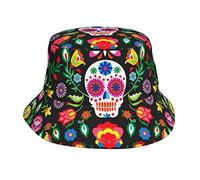 AOOEDM Cappello da Pescatore Unisex con Teschi di Zucchero Messicano Giorno dei Fiori Morti Cappello Estivo da Spiaggia Cappello da Pescatore a Tesa Larga