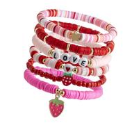 AOOOWER Braccialetto colorato in argilla morbida con ciondolo a forma di cuore con lettera d'amore e fragola, regolabile, realizzato a mano, 4.68x3.51in, argilla polimerica, Nessuna pietra preziosa