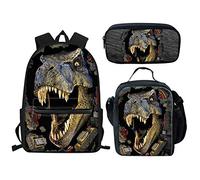 Aoopistc Set di 3 borse a tracolla grandi per bambini, con astuccio portapranzo, Dinosauro T-rex, Taglia unica, Regolabile, scatola