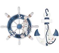 AOOPOO 2 Pezzi 32 CM Timone Barca in Legno e 32CM Ancora in Legno Decorazione da Spiaggia a Tema Nautico Oggetto Decorativo da Parete per la casa (Blu)