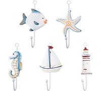 AOOPOO 5pcs Ganci da Parete in Legno in Stile Mediterraneo Cavalluccio Marino Pesce Stella Marina Barca A Vela Forma di Faro per Asciugamano Accappatoio Cappelli Ganci Appendini Chiave