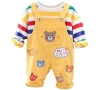 AOOPOO Bebè Bambini Ragazzi Abbigliamento Set Felpa Pullover Maglietta a maniche lunghe a righe arcobaleno Cotone + orsetto Pantaloni salopette con tasca Tuta per neonati Bambini Ragazze